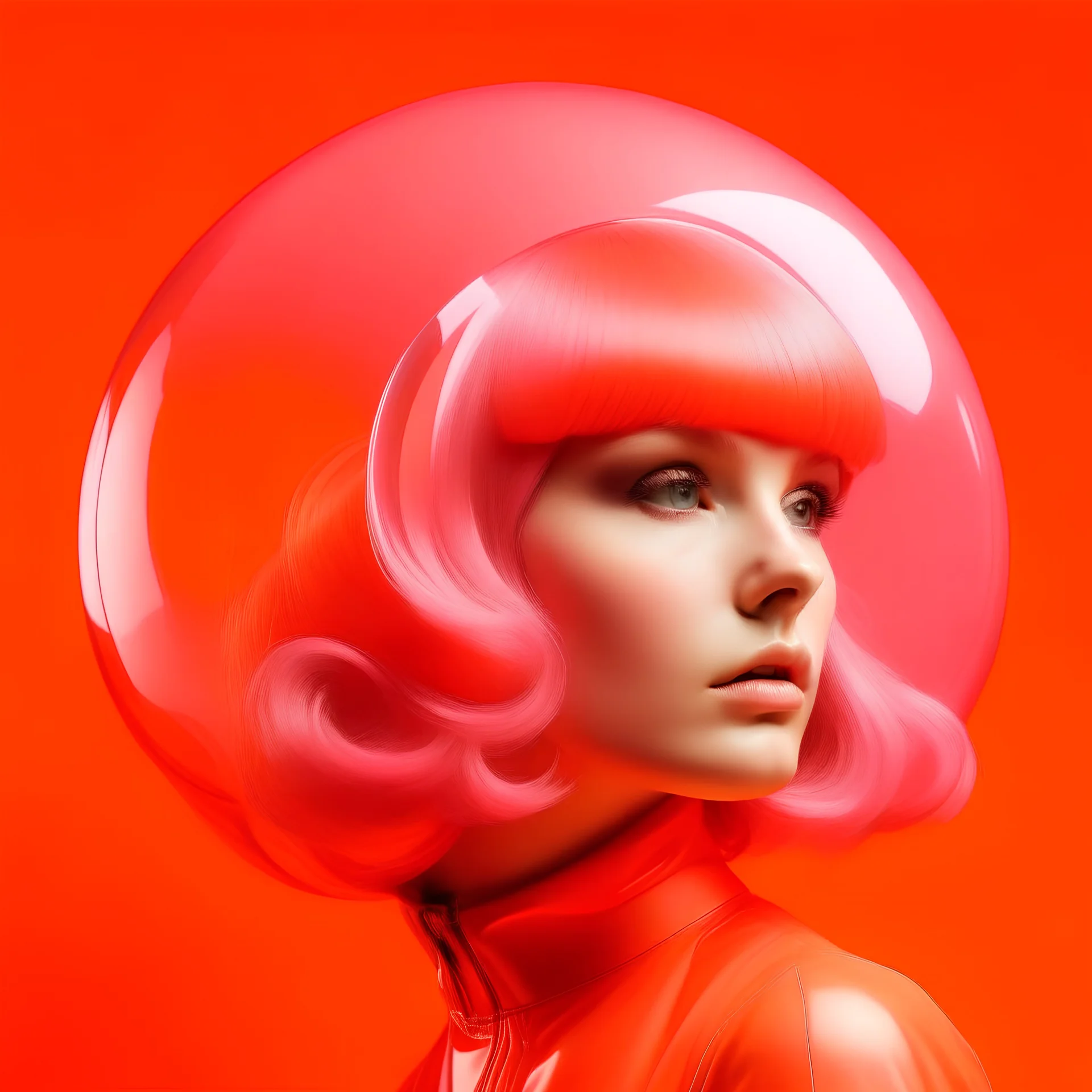 Retro futuristic hair pink and orange, billieellish, in a bubble