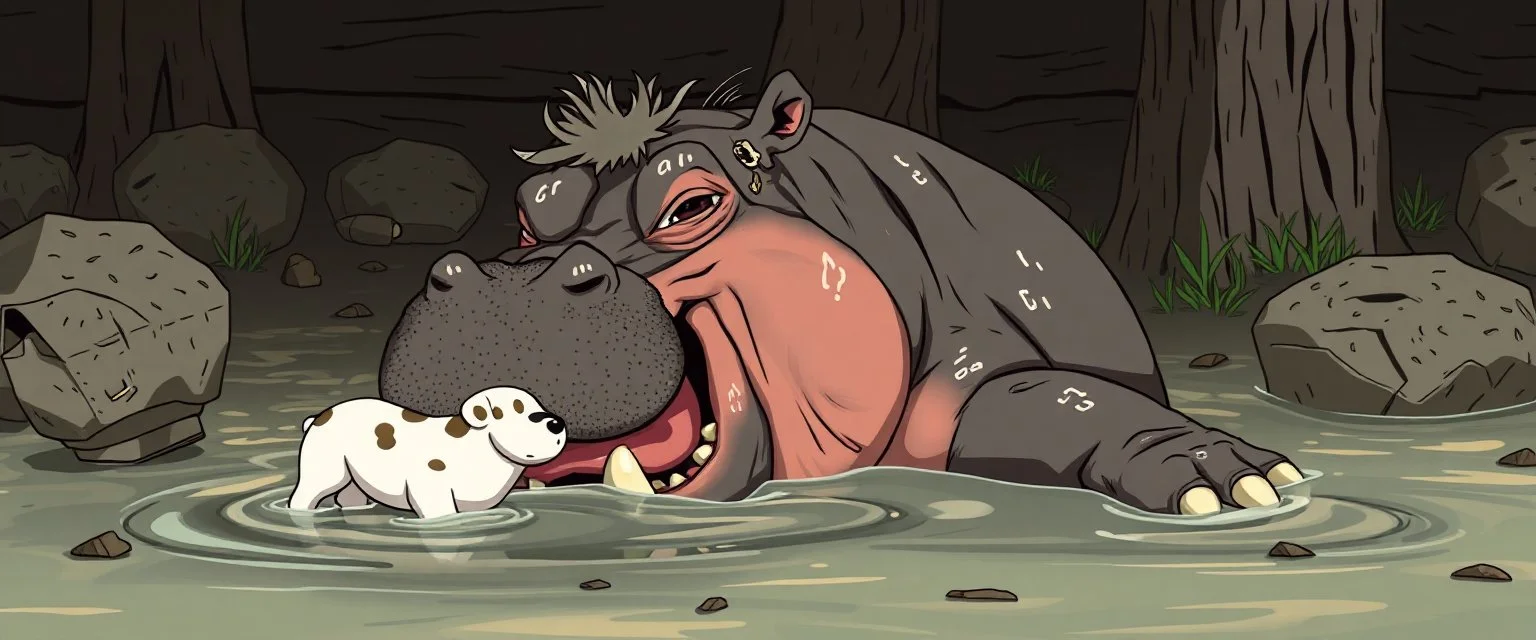 realistic anime hippo pimp with fluffy hair, doing dog things and eating small dog in the style of fallout 4 and giger and escher