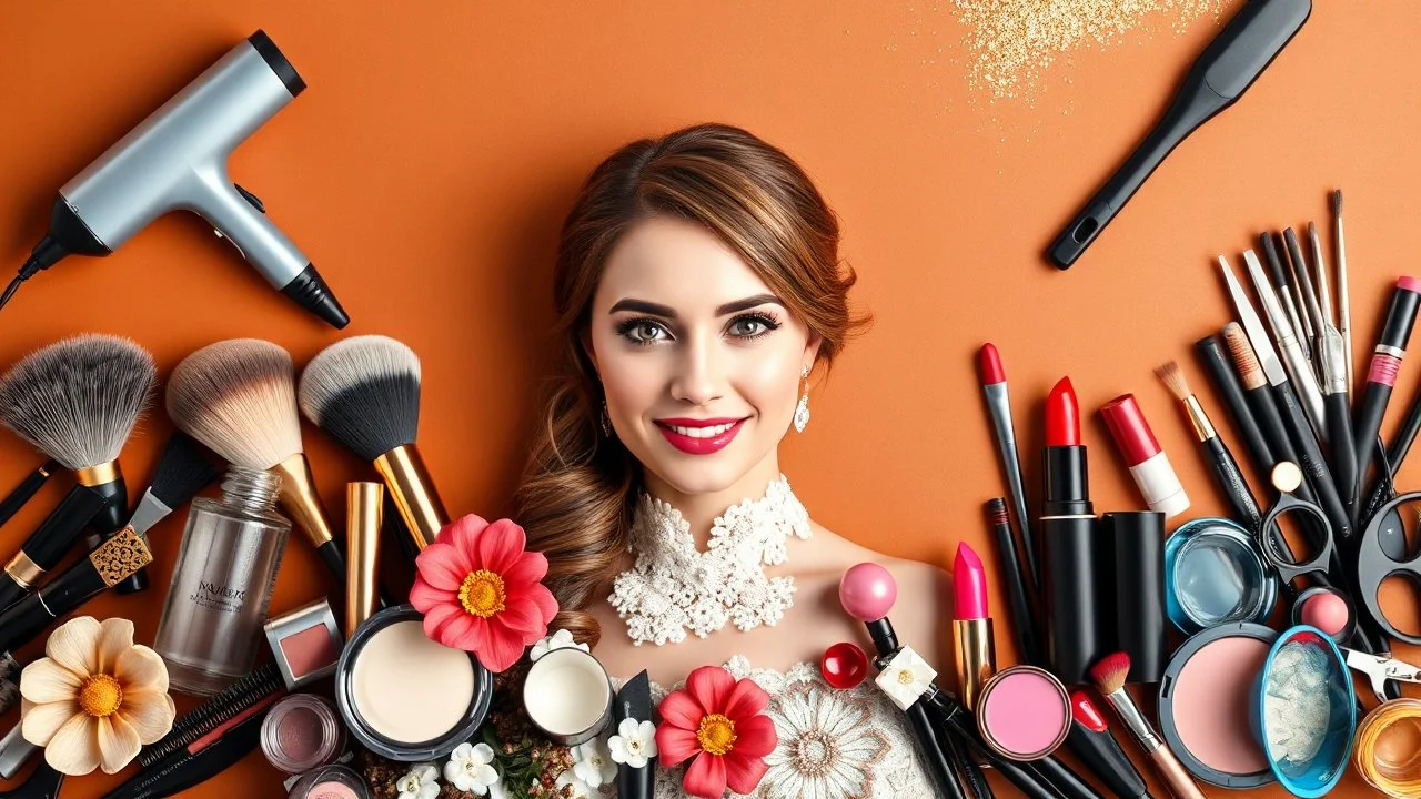 Designing a wall banner for a beauty salon horizontally with a photo of a beautiful bride in the center and cosmetics around the image such as hair color varnish, a brush, a hair dryer, lipstick, cheek rouge and all kinds of salon and nail tools in the background of chestnut, gold, black and blue