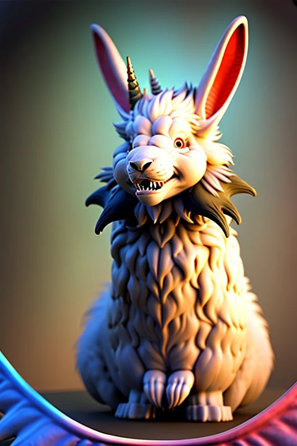 Ultra realistic cg rendering of a "Boris Valejo" style illustration, scary vampire Rabbit monster , rainbow fur ,licorn horn , gold claws ,childhood .