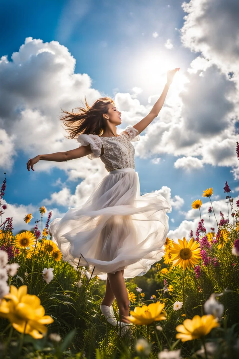 romantic environment heaven flowers clear nice clouds ,young girl gracefully dancing and presenting her joy and youth ,full body shot,sharp focus, surreal environment