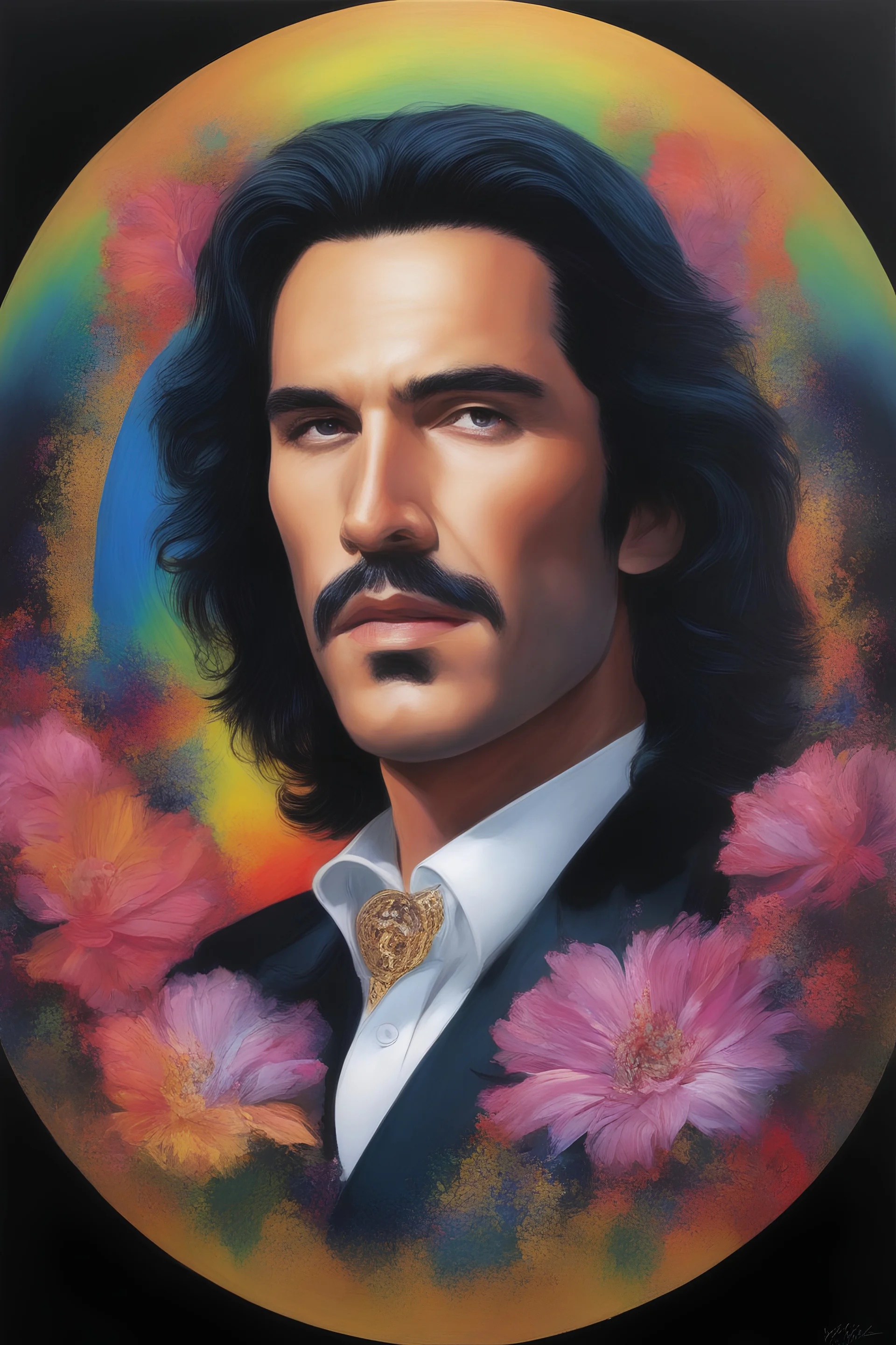 Count Dracula's face inside a small gold circle, Paul Stanley/Elvis Presley/Keanu Reeves/Jon Bernthal, multicolored, large, Floral/rainbow designs, atmospheric, beautiful, bright, vibrant colors, pitch-black background, oil painting by Boris Vallejo, 4k UHD, Photorealistic, professional quality