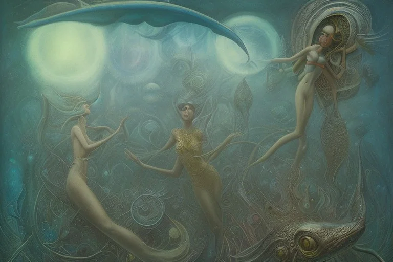 Mermaids in an underwater city by "Leonora Carrington" and "Max Ernst"