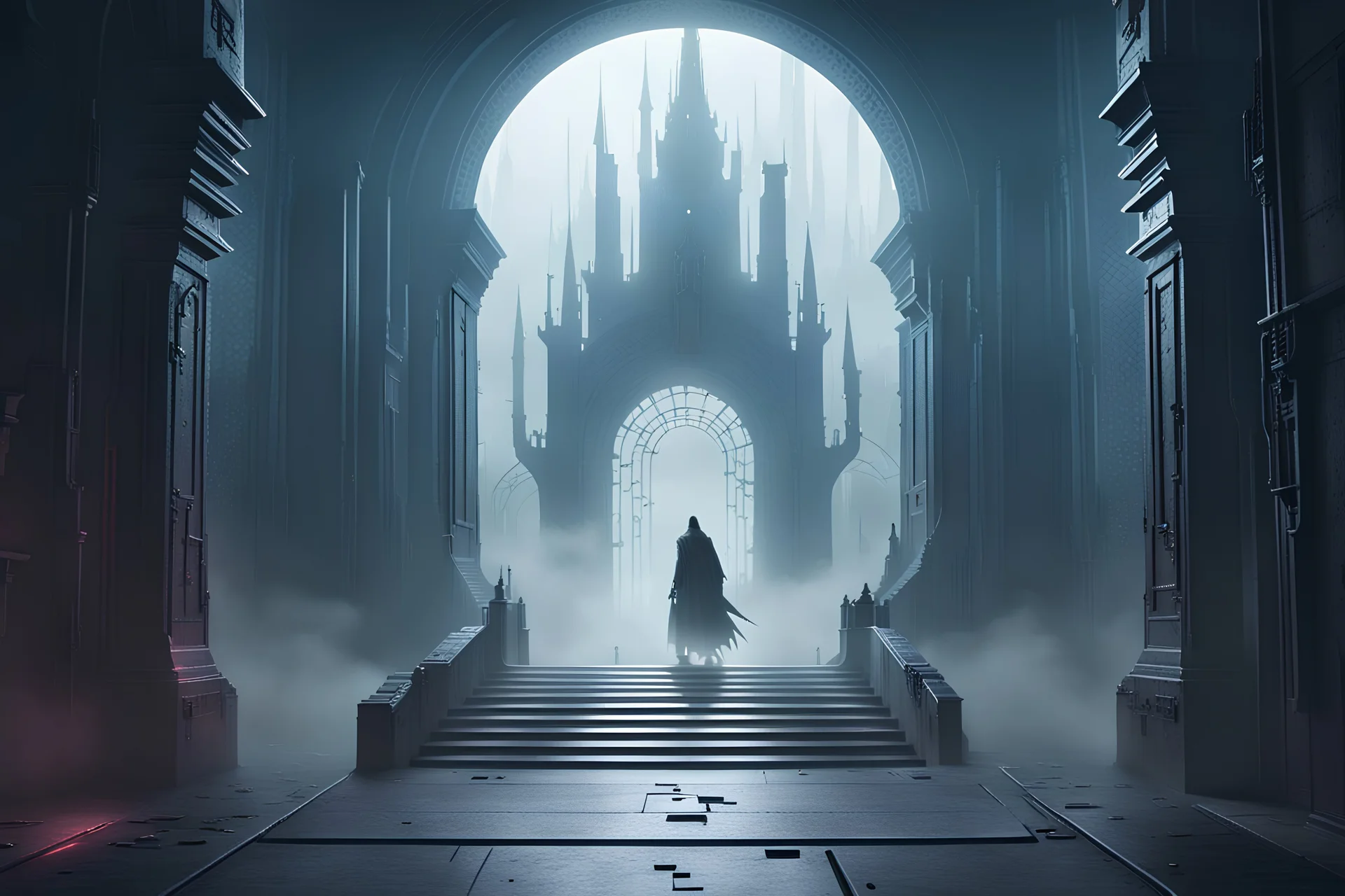 Death steps through a misty portal in future Cyberpunk castle.