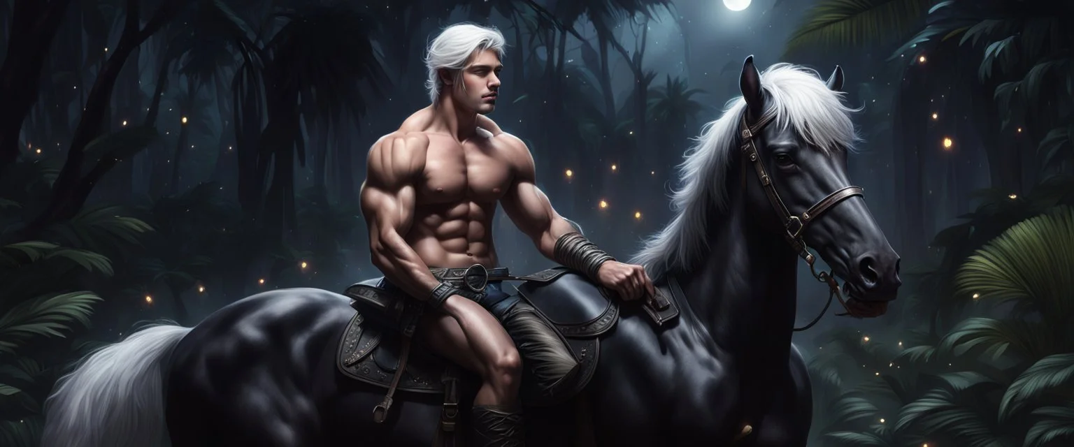 Hyper Realistic shirtless handsome muscular prince sitting on a black horse with white hair in a dark jungle with fireflies at a dark night