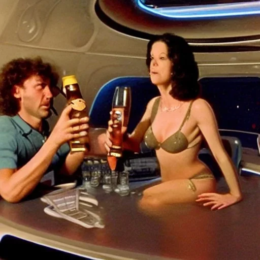 Gina Strippoli and brian anwander in the future with alien drinking beer in a mothership