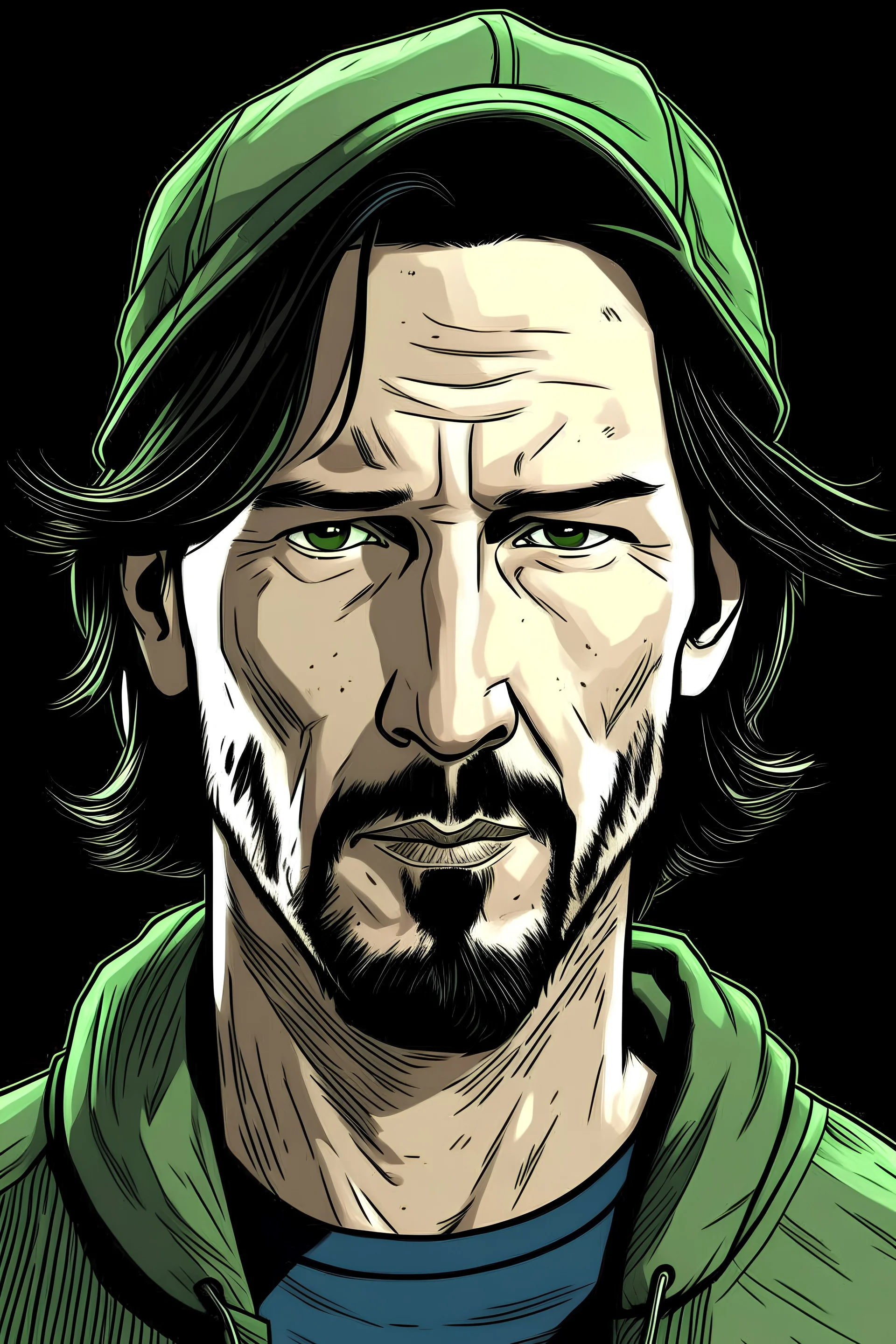 Keanu reeves lookalike with short hair and baseball hat comic book style tales from the crypt horror