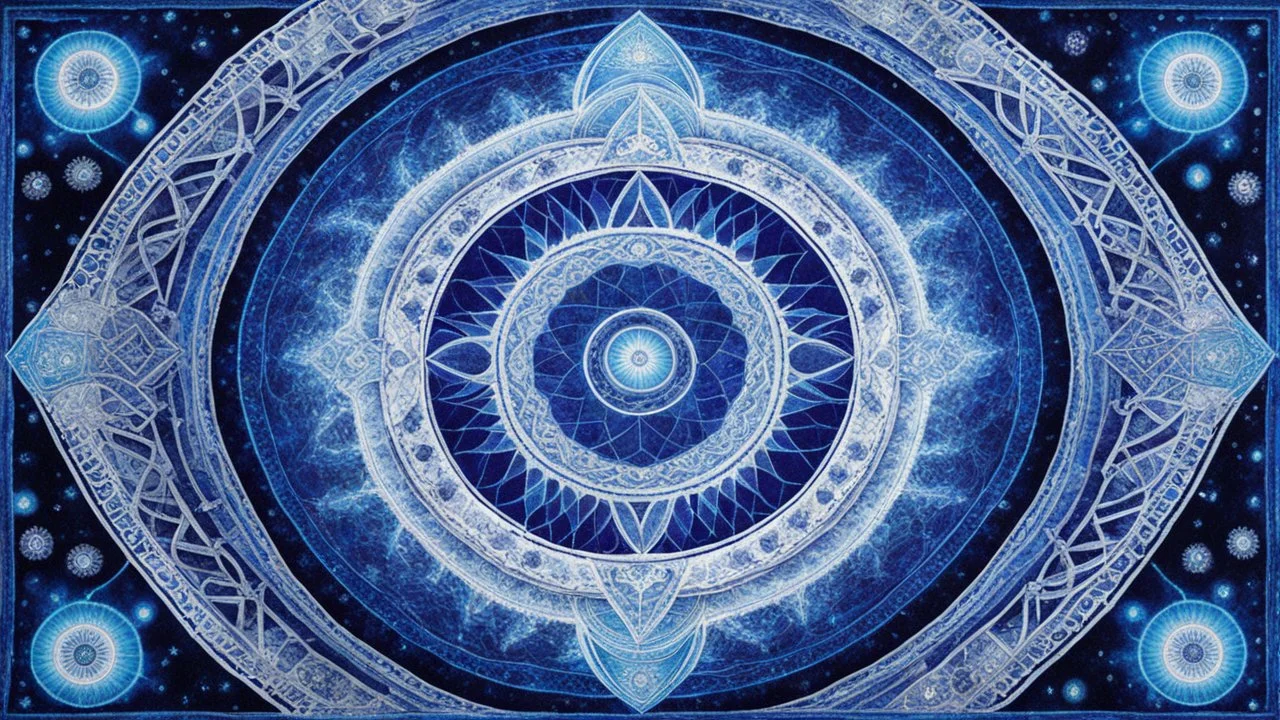 a beautiful rug with essential sacred geometry and cosmic symbol in the middle with cold colours