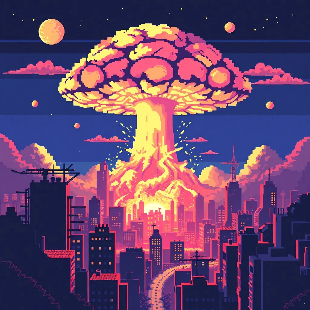 8 bit pixelart city, atomic mushroom cloud, synthwave, destroyed city