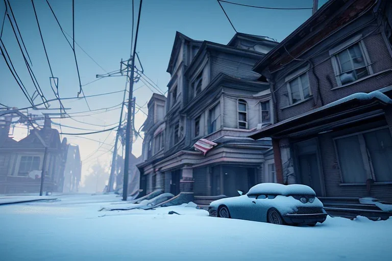 Michigan, streets of detroit, slums, snow, winter , run down residental homes , unity, scriptable render pipeline , blue tone, volumetric lighting.