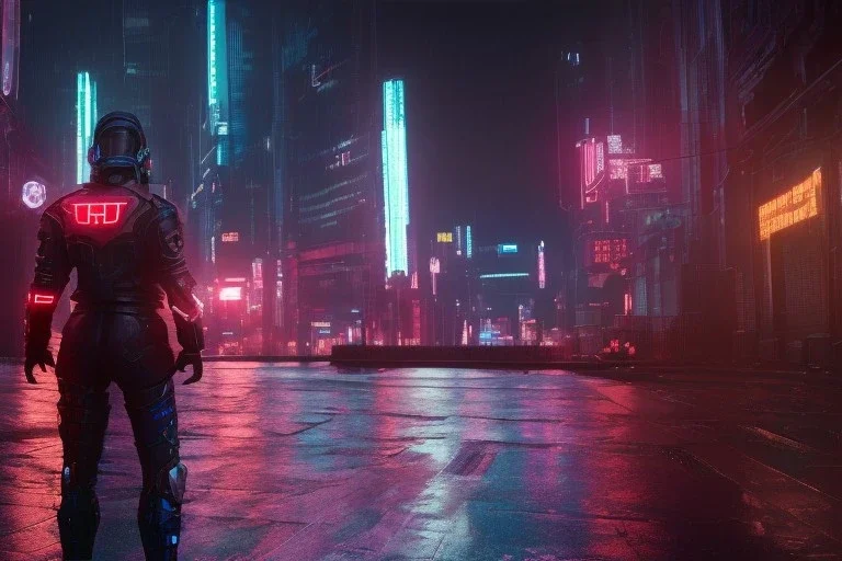 3D, beautiful, light reflecting, empty future city at night, rainy night, neon, cyberpunk, tron, person with helmet walking