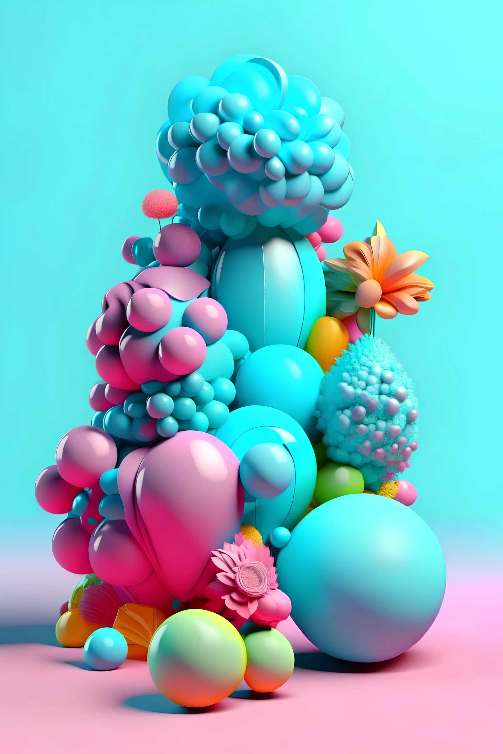 Vibrant abstract 3D sculptures in pastel color with flower and metalic balls