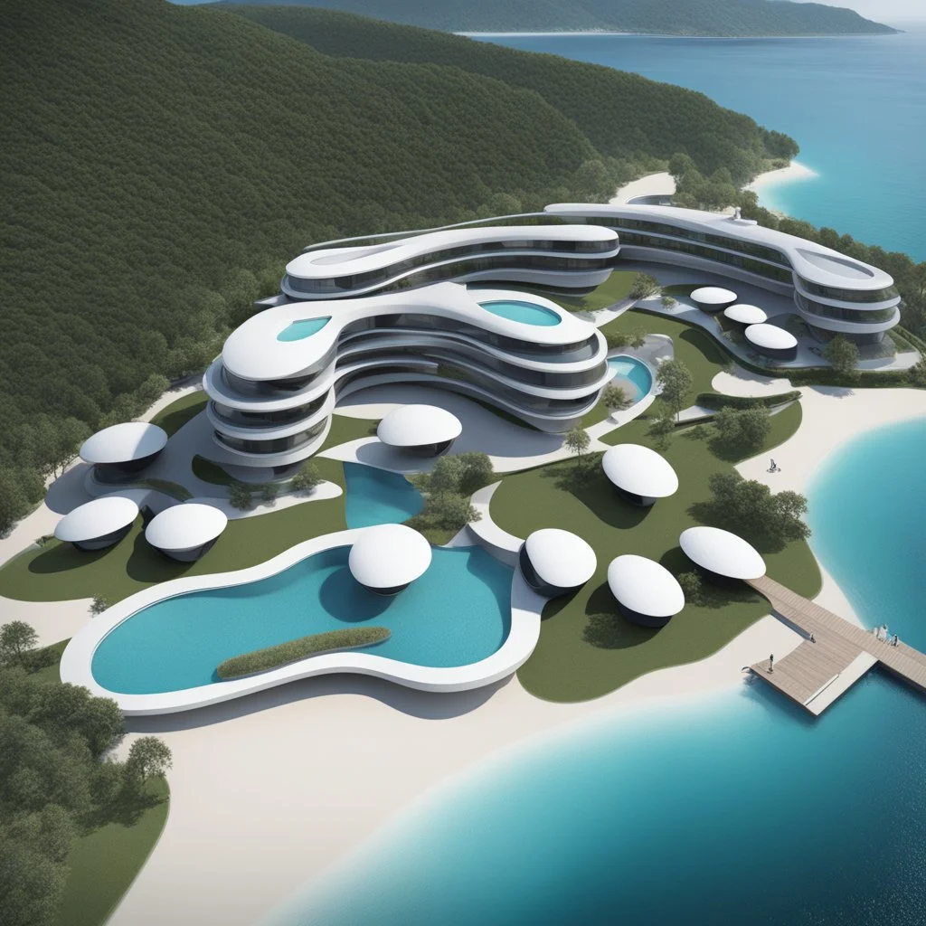 Residential complex of seaside cabins, Zaha Hadid style, aerial view, ultra quality, hyper detailed, digital art, 8k 3D