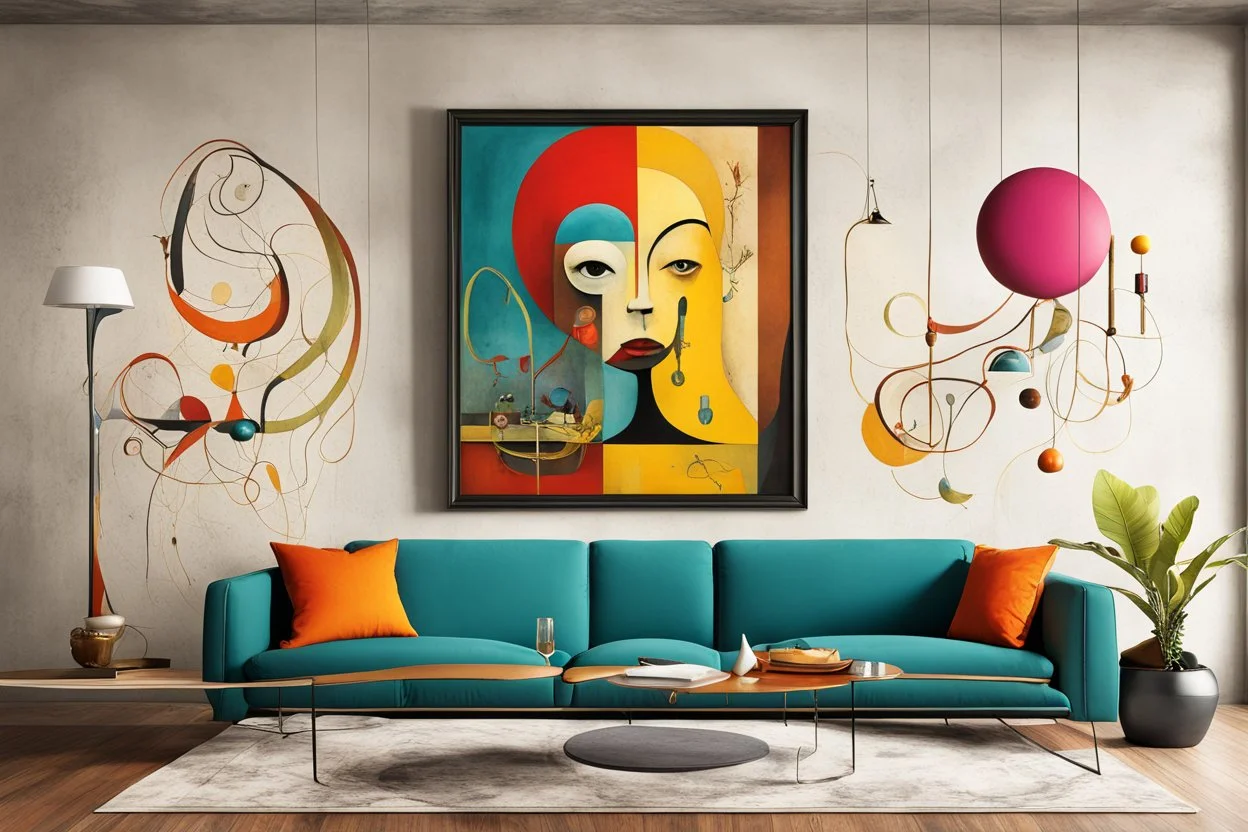 Style by Gabriel Pacheco and Tim biskup and Salvador Dali, a framed picture of a colorful weird surrealism in a spartan Bauhaus living room, masterpiece, strange inconsistencies and banal absurdities, smooth, neo surrealism,