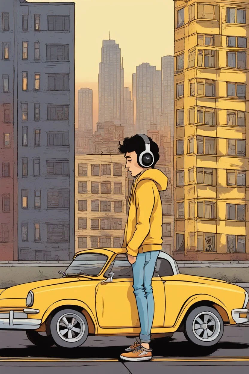 Full body illustration of a young man pensive while listening to music with headphones by a yellow car on the west coast of the United States. In the background is a distant cityscape and an old apartment building. The city is illuminated by the sunset, creating an overall nostalgic and emotional atmosphere. Cartoonish art style with lots of detail.