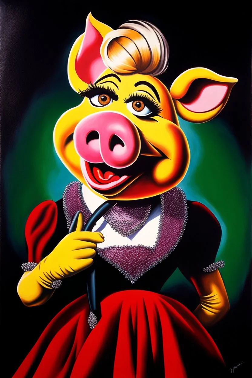 Miss piggy portrait painted photorealism, modern over exaggerated, burlesque, absurdist high brow art, in the style of 90s , jim hensen , puppet portrait, surreal pop art, uncanny, smooth