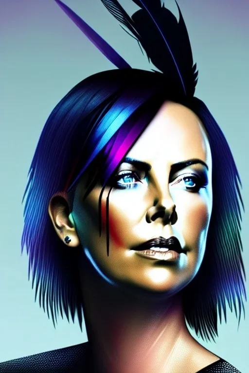 A beautiful portrait Charlize thero cyberpunk woman color scheme, high key lighting, volumetric light high details with white stripes and feathers