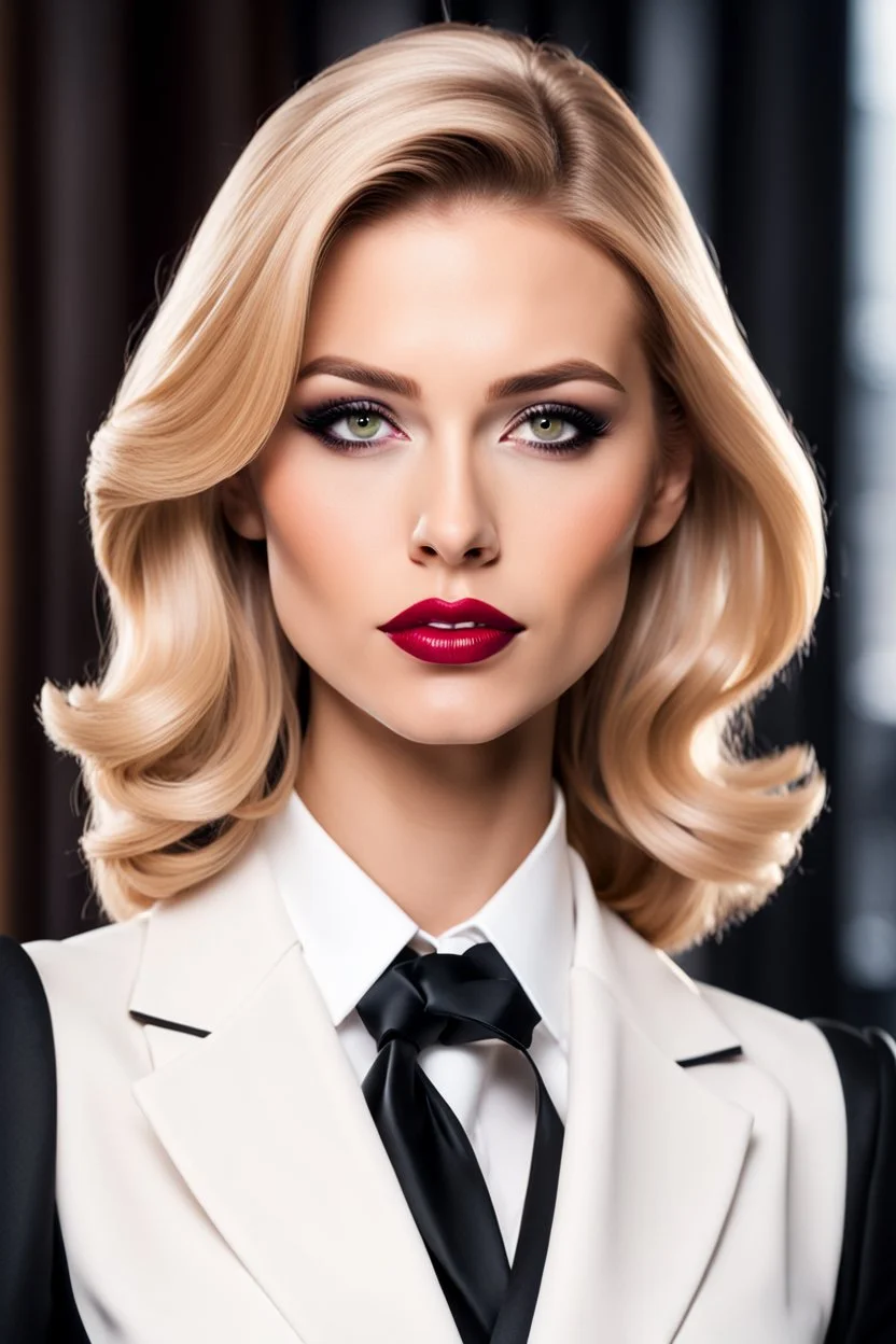 A beautiful woman attorney with blonde hair, nice eyes, matte peach lips, in white shirt, black coat, black necktie, attorney gown, estilo Gibli