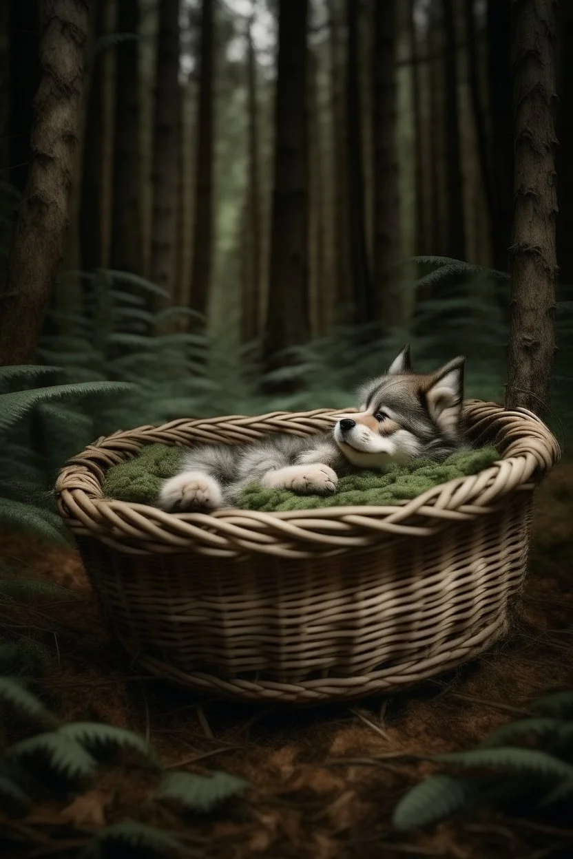 A baby sleeping in a basket in the middle of a forest protected by wolf