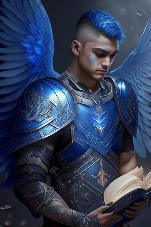 a person in runic armor with blue wings, blue short hair, runic tattoo and spell book, male