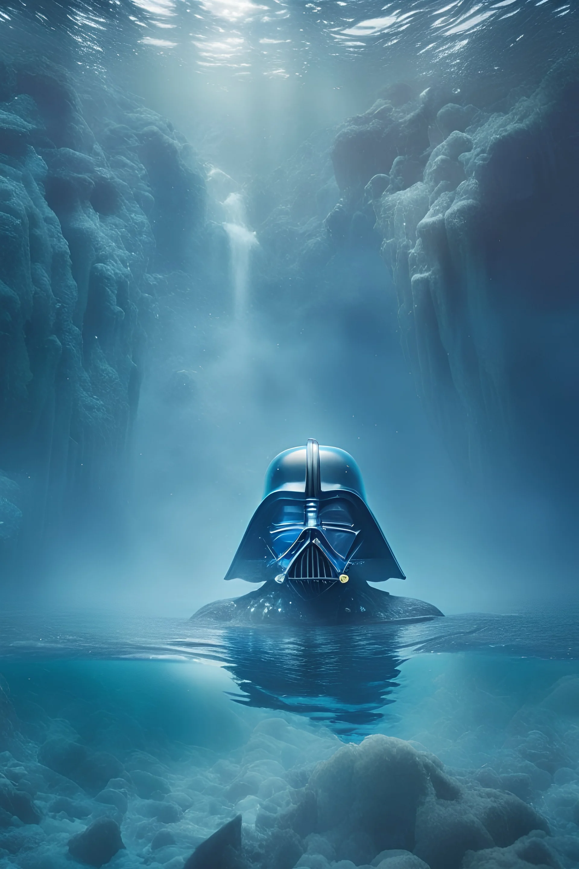 Photoreal darth vader hiding in atlantis under water in mystical fog waters