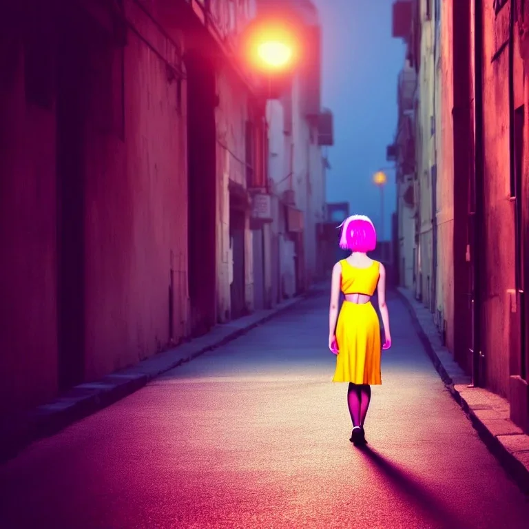 Beautiful lonely girl who walks along a street without people at dawn. You see her from behind. She wears very short yellow dress. She has short pink hair with glowing crystals. Full body, 8k resolution concept art. Professional Photo HD. Stylish. Warm vivid colors. Panoramic