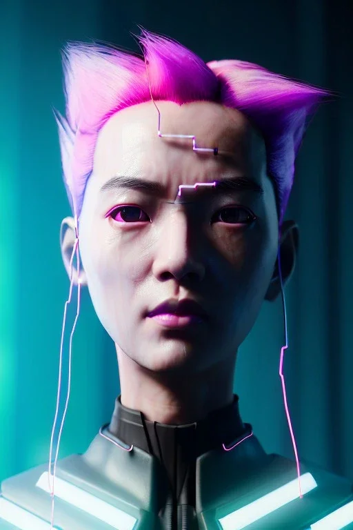 Waist up shot portrait, Asian cyborg woman :: symmetry photography, cyberpunk, pink hair, makeup, long line eye, light iris, :: latex coat, wires and circuits, pink, white, black :: cinematic, Ultra realistic, dark scene, soft color, highly detailed, unreal engine 5, RTX, ultra detail, 3d, finely drawn, high definition.