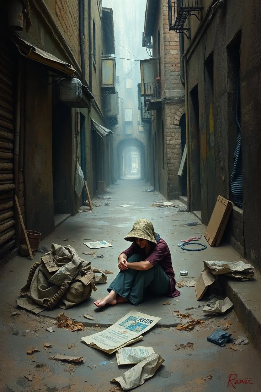 Bosch painting style , a homeless woman with sitting in an dirty street , high quality and fantasy