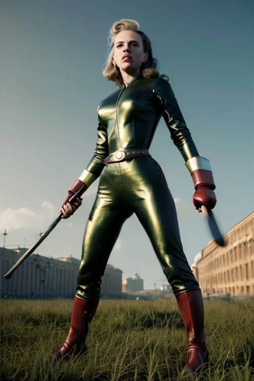 retro portrait image from 1960, Moscow background, wind, long hair, fighting stance, sweet young Scarlett Johansson, classic black tight lycra suit, metal stick weapon, gold bracelet and belt, high heel boots, soft color, highly detailed, unreal engine 5, ray tracing, RTX, lumen lighting, ultra detail, volumetric lighting, 3d, finely drawn, high definition, high resolution.