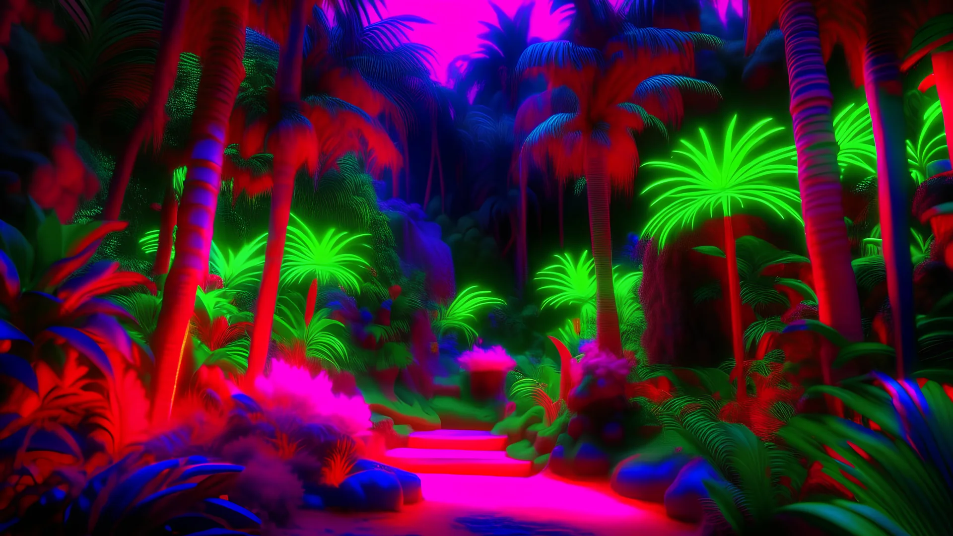 WARM RAINBOW COLORED AMAZONIAN DREAMSCAPE PARADISE RAINFOREST GARDENS OF ARCTURIAN NEVERLAND WITH BOLD&THICK RICH NEON COLORS AND COLORFULL LED LIGHTING FOR GLOBAL ILLUMINATION