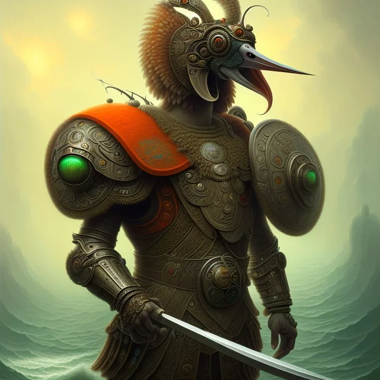 an ibis warrior in orange and green full battle armor, a highly detailed illustration, background of giant crashing ocean waves, realistic render, 8 k, micro detail, intricate, elegant, centered, digital painting, Artstation, smooth, sharp focus, illustration, artgerm, tomasz alen kopera, peter mohrbacher, donato giancola, joseph christian leyendecker, wlop, boris vallejo