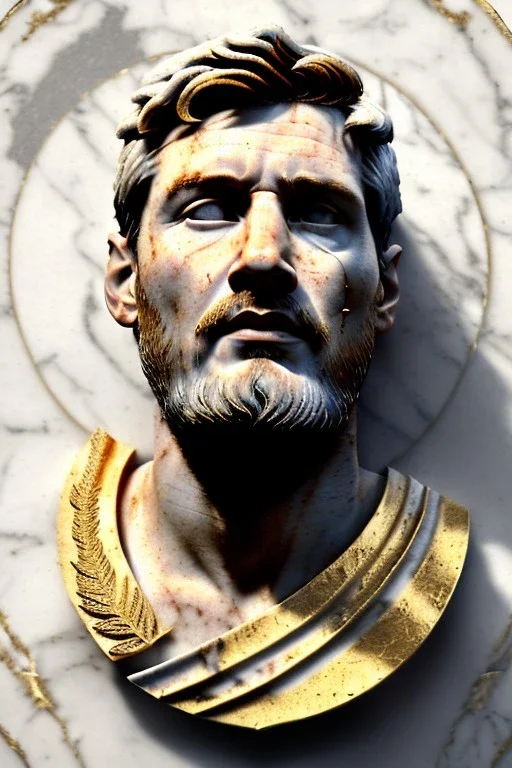 Ultra Realistic image, Roman sculpture, white marble material, Lionel Messi, gold Laurel leaves wreath, renaissance ornaments, one gold star in heart, sun ornament, marble and background, chisel style, waist up portrait, emperor style, epic, celestial, cinematic lighting, God light, god rays, 4k resolution, smooth details, ornate details, soft lighting, unreal engine 5, art station, substance 3d.