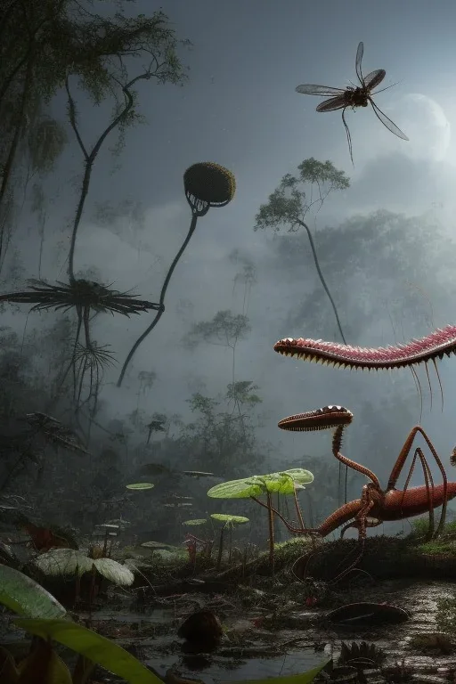 large venus fly trap with teeth eating a dragonfly, flowers, jungle, hyperrealistic, trees in background, digital art, alien like, disgusting, intricate, morbid, rainy, sinister, volumetric lighting, unreal engine, high resolution, 8k, depressing colors, dark colors, horror, horrific,