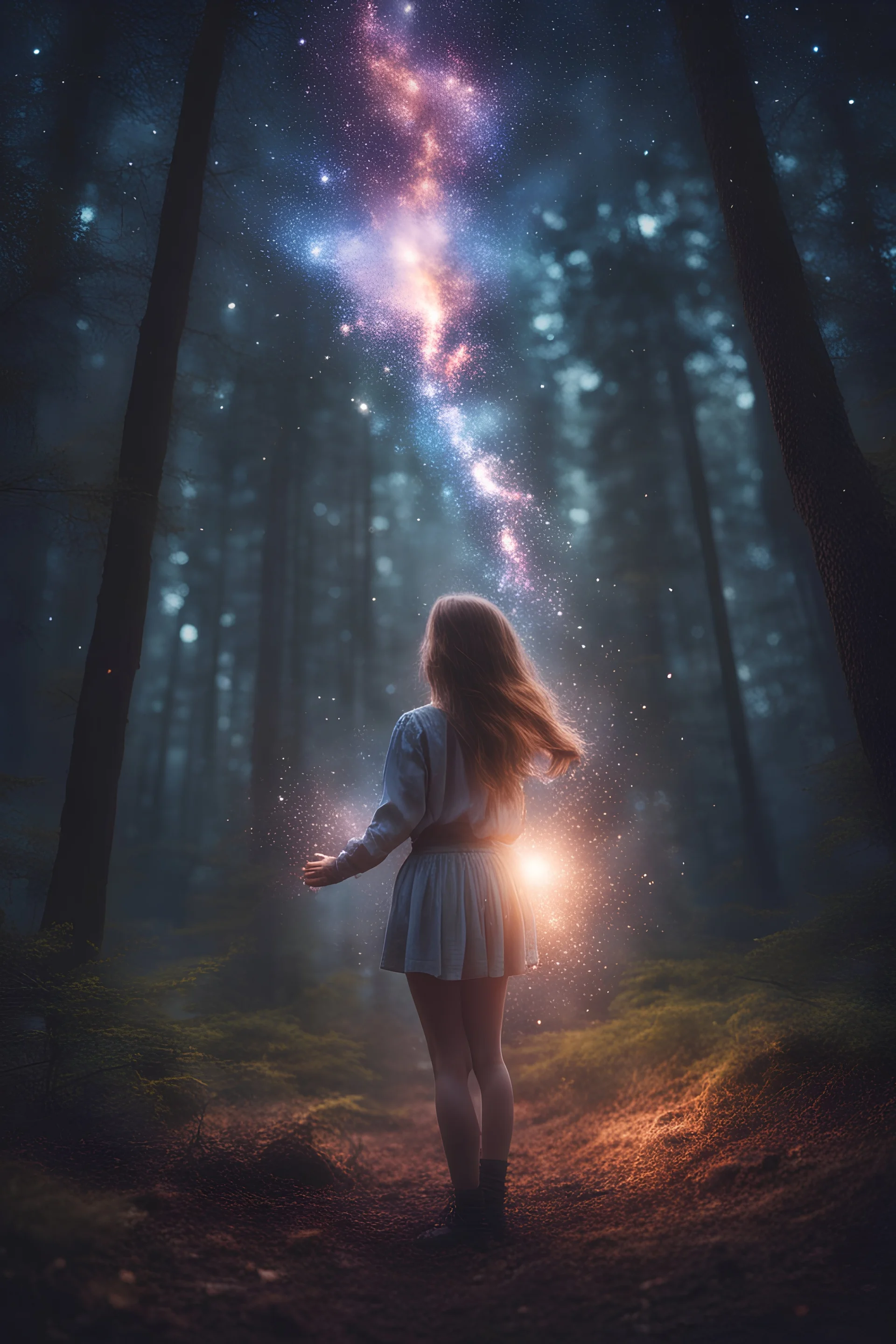 girl in the forest, sparks around her, galaxy on background,