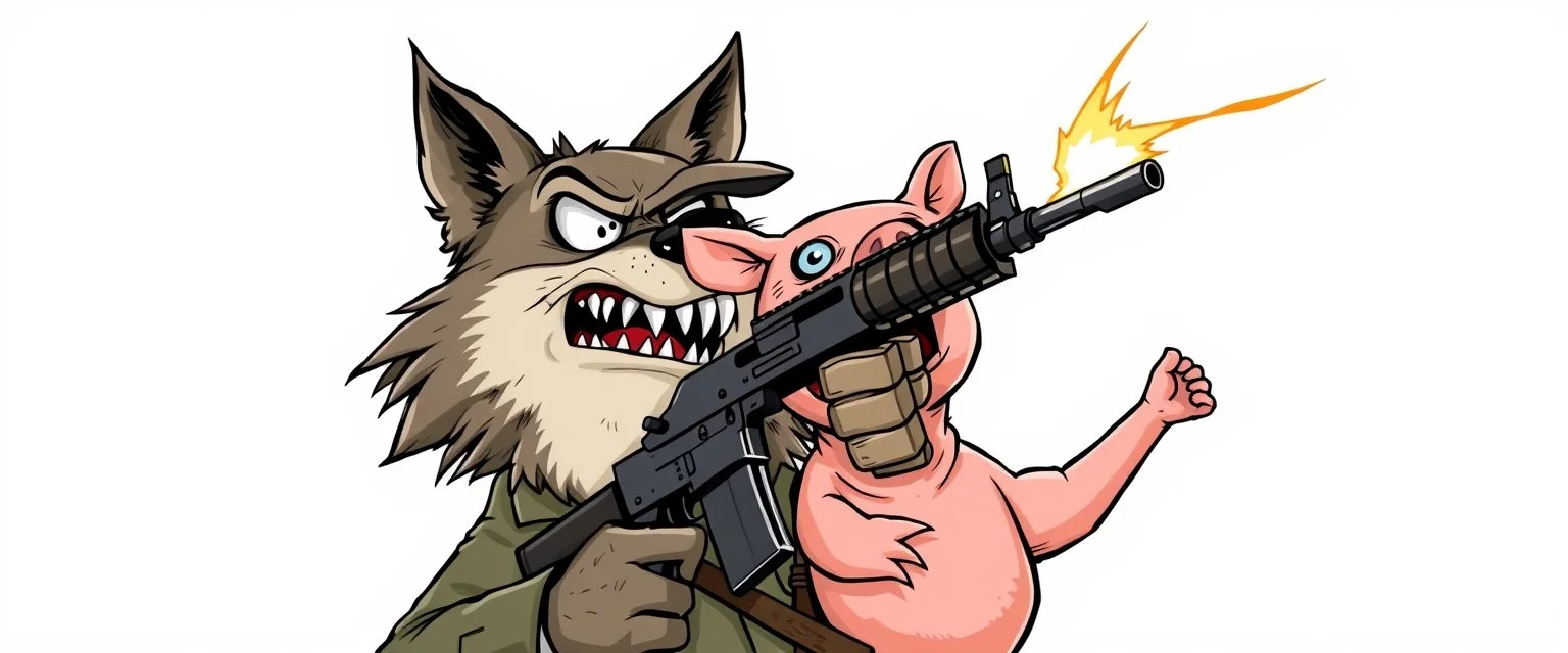 wolf biting carrying a scared pig general pointing uzi gun up into the air, stupid cartoon, airbrush and pen outline