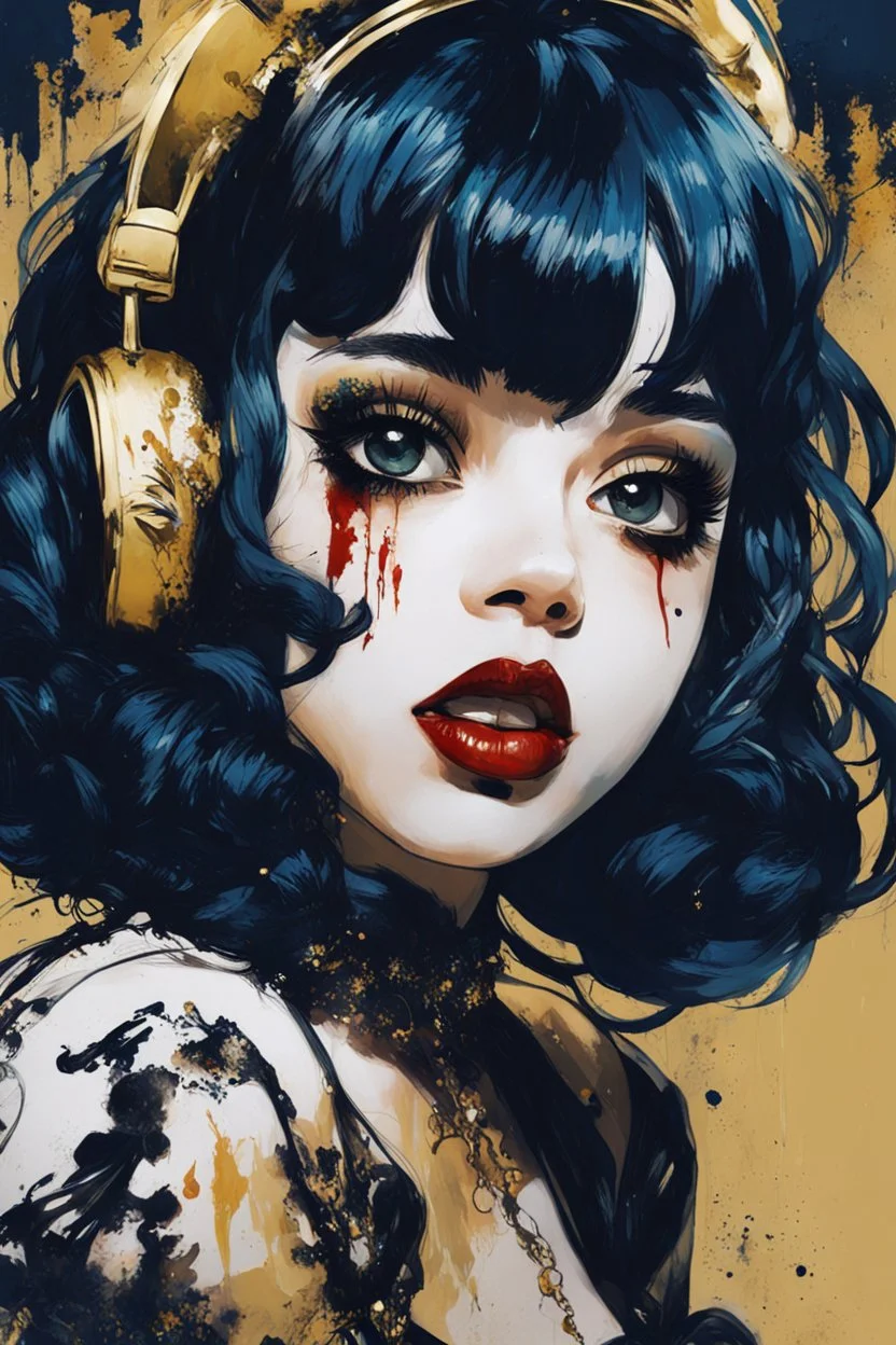 Poster in two gradually, a one side malevolent goth vampire girl face and other side the Singer Melanie Martinez face, painting by Yoji Shinkawa, darkblue and gold tones,