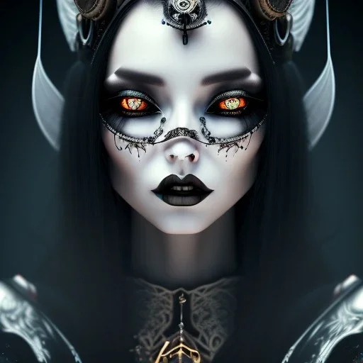 Portrait femme métissée yeux noirs avec des longs cheveux lisses noirs gothique, steampunk, sorcière, lune, 4k