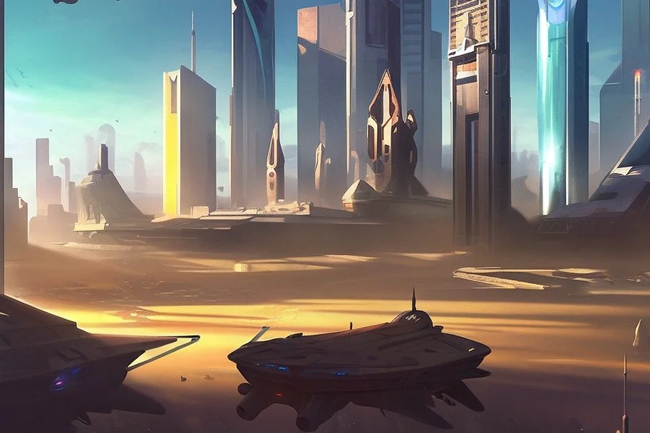 sunny day, city, sci-fi, people, epic