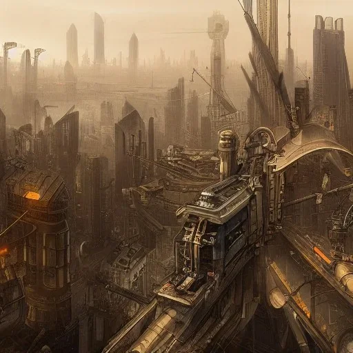 Dystopian, steampunk, cityscape, high resolution, glossy, Stirling archer