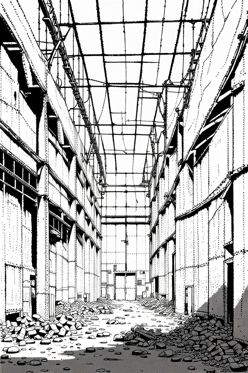 Abandoned industrial warehouses, line arts, manga style