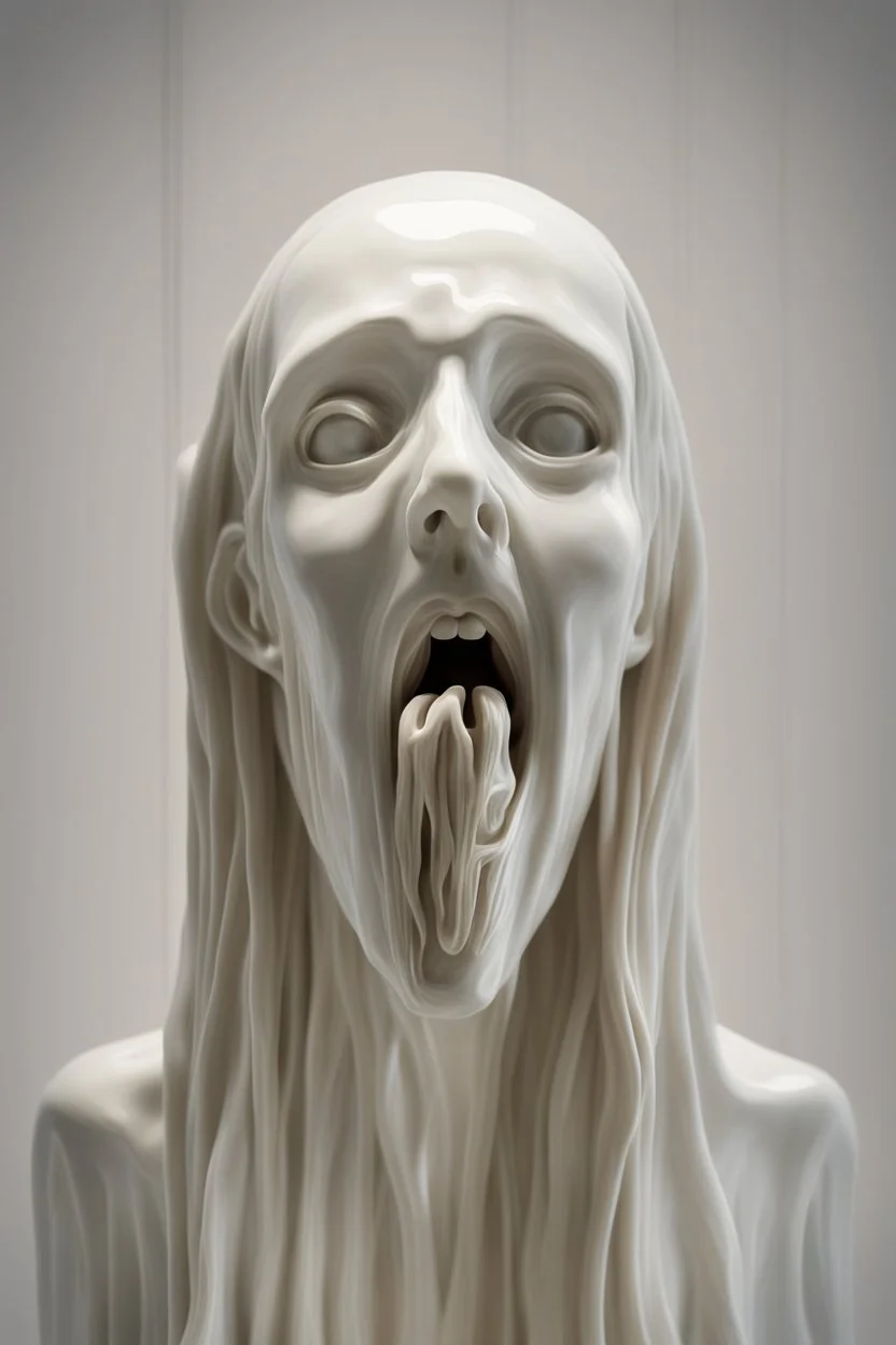 Reimagine "The Scream" by Edvard Munch as a delicate, translucent porcelain sculpture, capturing the anguished figure in mid-torment, mouth agape and eyes wide with despair, its fragile form seeming to vibrate with the intensity of the original's emotional turmoil. The aesthetics evoke a haunting, dreamlike quality, with soft, ethereal lighting casting an eerie glow on the sculpture's intricate textures. Icy blues and misty greens swirl together in a mesmerizing dance, as delicate, lace-like ten