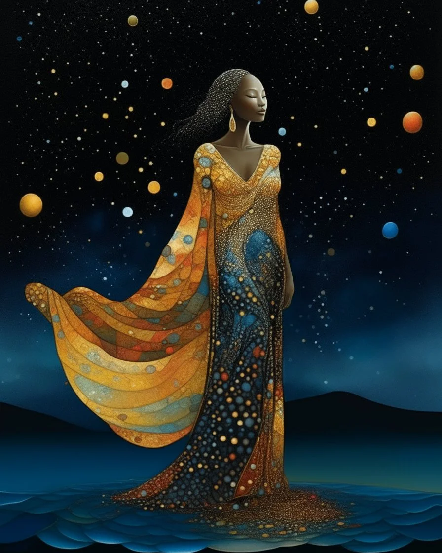 No corners drawing lines dots Kandinsky A full-body pretty African Asian moon goddess draped in flowing celestial fabric walks on water beneath a glowing full moon. Her gown unfurls like clouds, catching starlight and golden dust in the night air. The scene is surreal and divine, with painterly textures and a balance of shadow and illumination vertical Award winning imagery trompe l'oeil 3D surrealism masterpiece of Odilon Redon's dreamlike surrealism. kintsugi painting of abstract squares creat