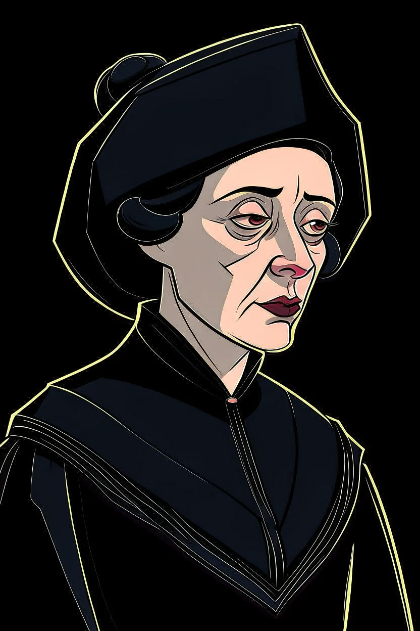 A portrait of a 40-year old aristocrat woman from XV century in strict dark clothes, authoritative, cold, emotionless, in the style of Genndy Tartakovsky's cartoons