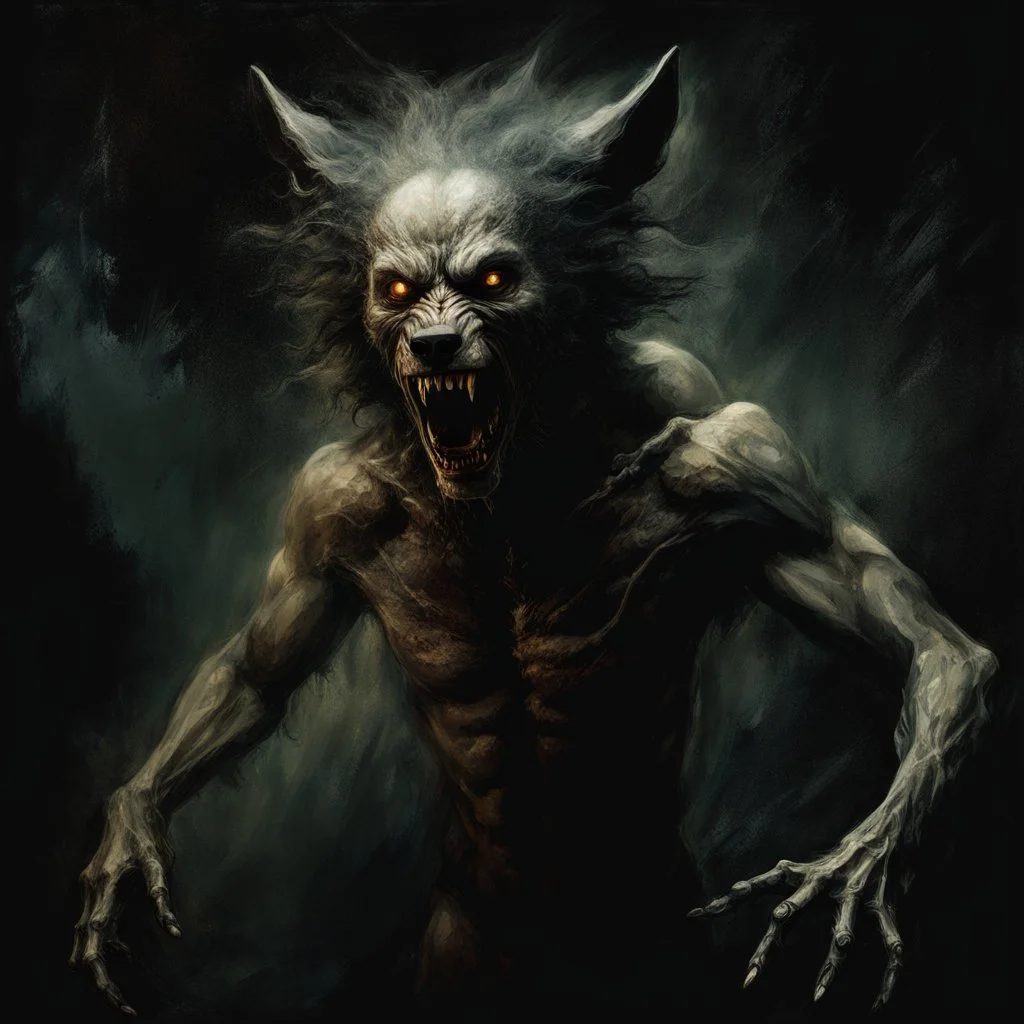 Surreal spooky agonizing werewolf transformation, kinetic double exposure photo layering of werewolf and man, sinister surrealism, horror, by George Harriman, by Stephen Gammell, by Jeremy Mann, eerie dark colors, sinister, hyperdetailed, matte oil painting,.