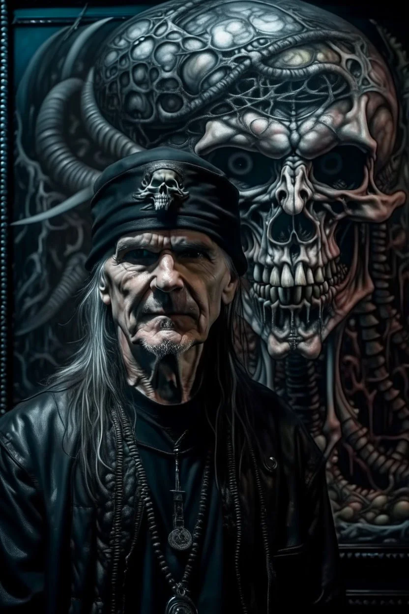 portrait of crazy art pirate thief in front of insane painting in the style of giger, 4 k, down light, depth of field, trending on art station, high detail, cracked ground