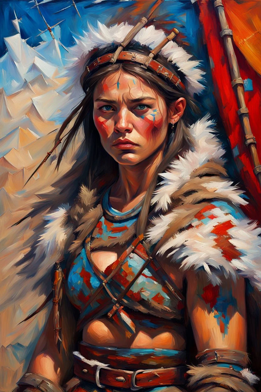 Create an oil painting on cracked canvas: (((a frontal portrait depicting a sturdy barbarian girl from head to belt, in cold steppe)) An dynamic impressionist impasto painting, visible brush strokes and paint stains come together to bring to life a young sturdy barbarian princess clothed in raw furs and skins in front a very big primitive mongolian nomad' s tent. The barbarian princess looks grim, spirited, angry and determined, her face is broad, her eyes are narrow and black, somehow cold and