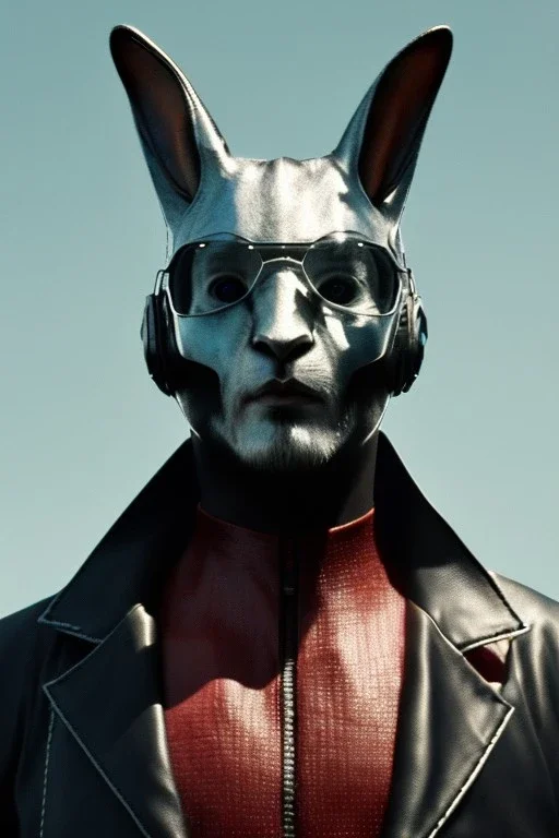 Medium Close Up Portrait, Front image. cyberpunk, rabbit mask, afro man, white hair. leather suit. Silver, blue, red, color. Akira style. Color background, photo studio. Avatar image, highly detailed, concept art, smooth, unreal engine 5, god rays, ray tracing, RTX, lumen lighting, ultra detail, volumetric lighting, 3d, finely drawn, high definition, high resolution.