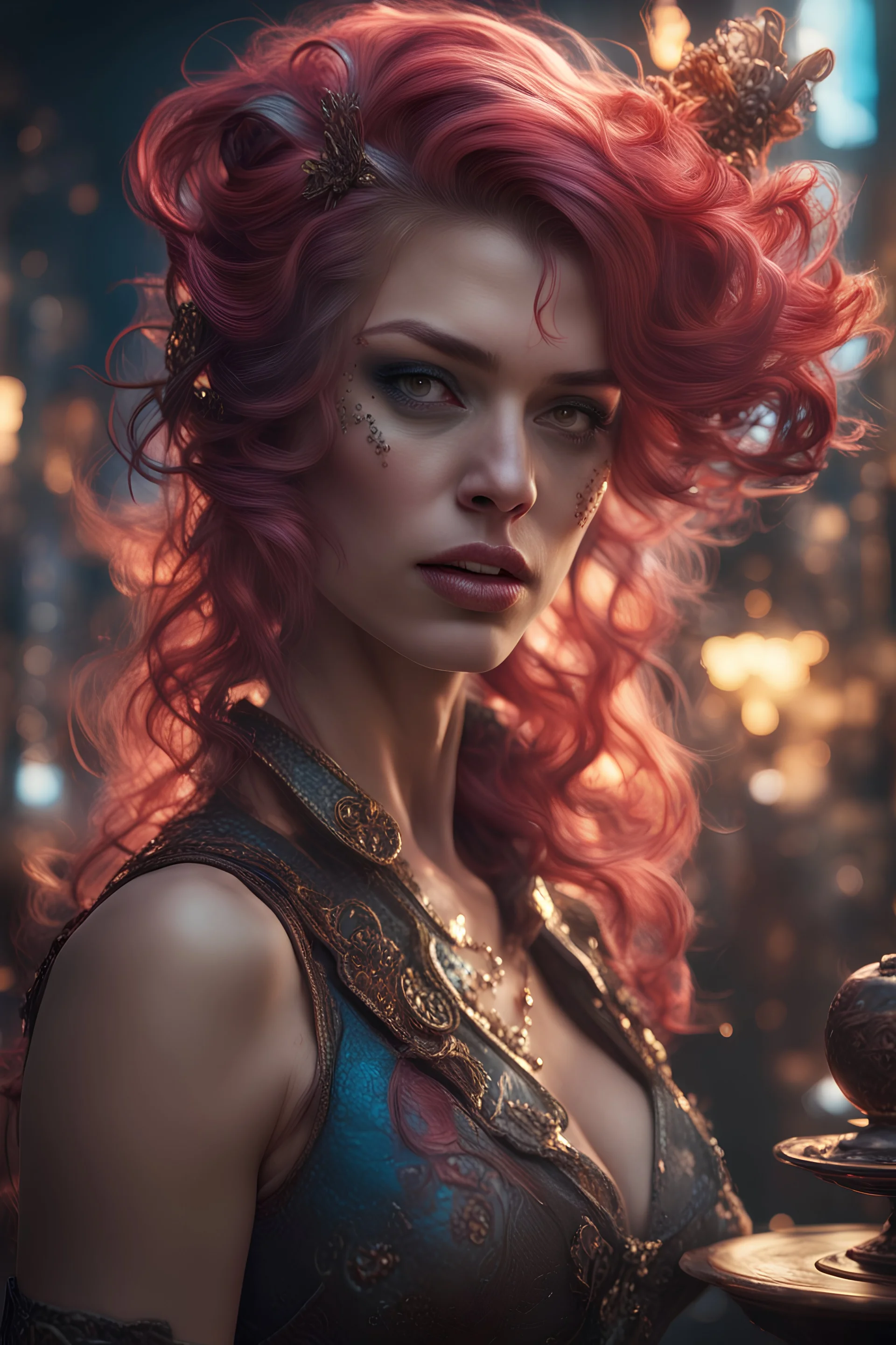 A hyper detailed close femme fatale, photorealistic, award winning photography, colorful, highly detailed, 8K,a masterpiece, 8k resolution, dark fantasy concept art, by Greg Rutkowski, dynamic lighting, hyper detailed, intricately detailed, Splash screen art, trending on Artstation, deep color, Unreal Engine, volumetric lighting, Alphonse Mucha, Jordan Grimmer