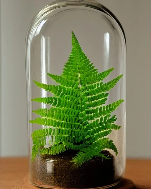 fern in a bell jar, symmetrical, frosted glass, warm lighting