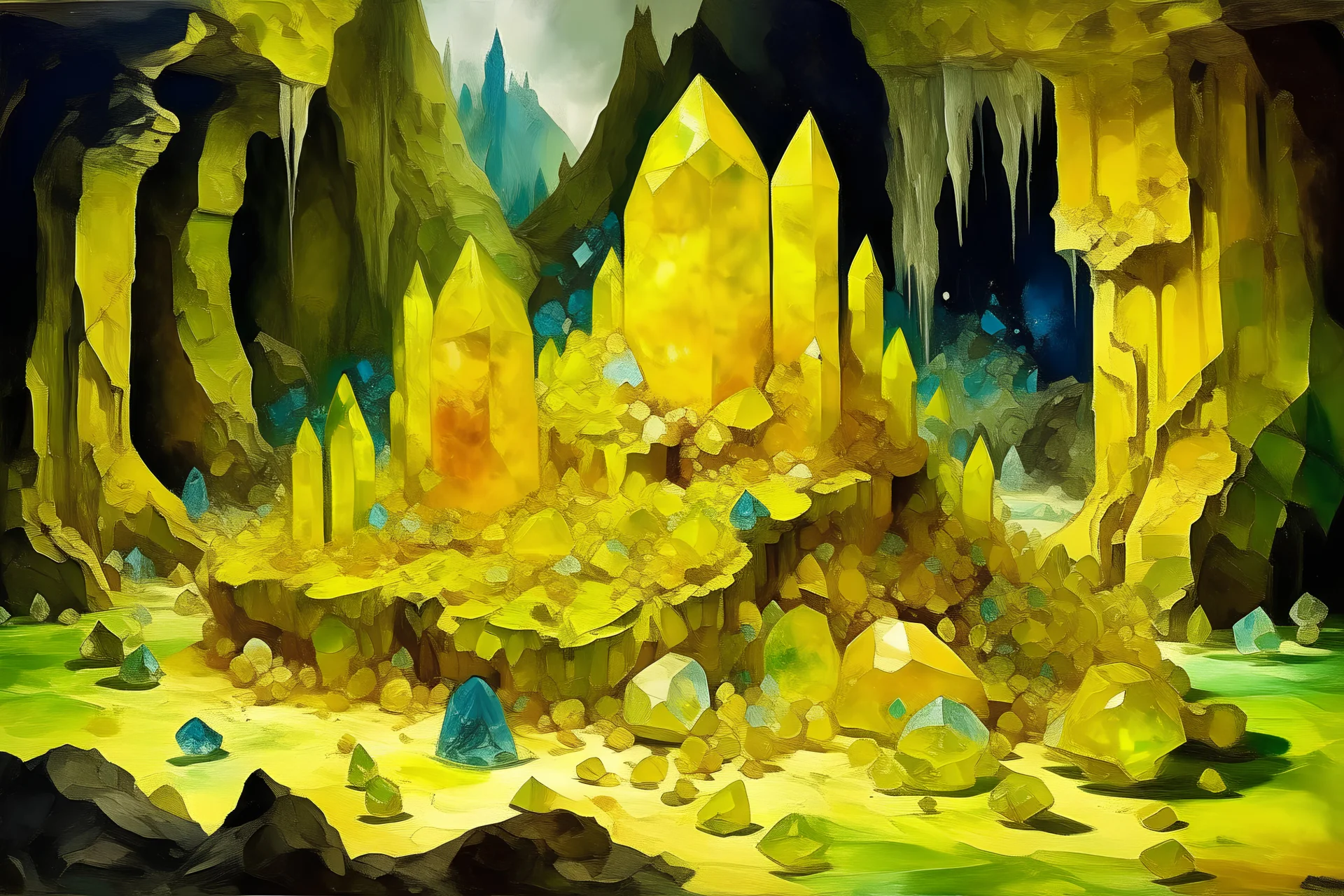 Yellow heavenly ruins filled with crystals painted by Paul Cézanne